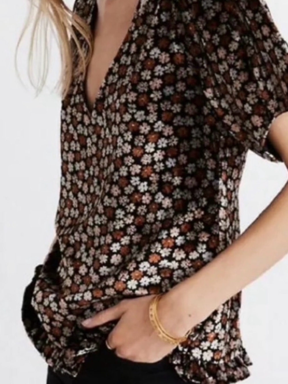 Madewell Brown Floral V-Neck Blouse with White & Tan Flowers